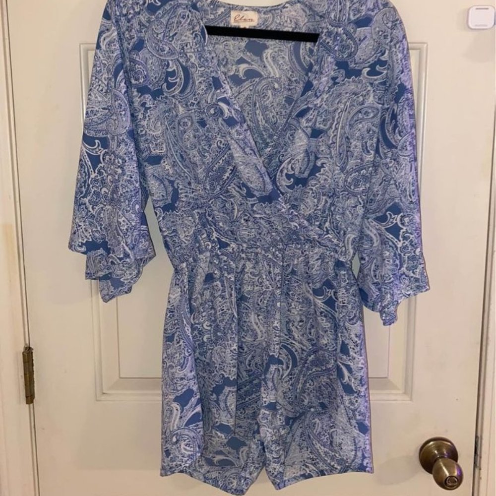 Elan White and Blue Paisley Romper
